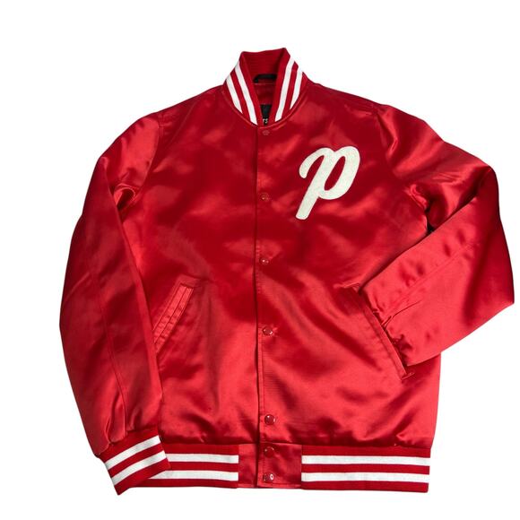 Philadelphia Phillies Red Satin Varsity Jacket Stewart & Strauss M MLB Letterman - Picture 1 of 10